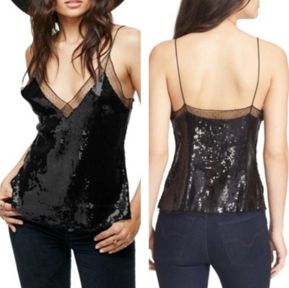 Free People Anthropologie Sassy Eras Tour Sequins Camisole Cami Tank Top Black L - Picture 3 of 4
